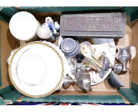 A mixed collection of ceramic items to include - silver plated trophies carved wooden pen/brush box, Lladro type figure of a 
