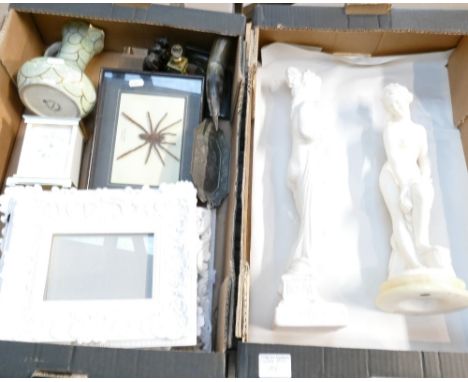 A mixed collection of ceramics to include two large classical white figurines, picture frames, a framed Tiger Spider, mantle 
