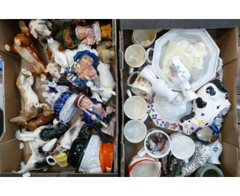 A mixed collection of items  including pottery and resin dogs, unmarked ceramic toby jugs etc(2 trays) 