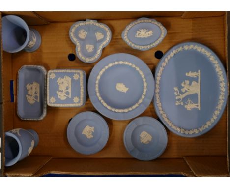 Tray containing Wedgwood blue jasperware vases, dishes, trinket pots etc (10)
