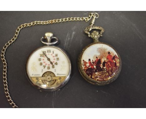 A Hebdomas chrome plated pocket watch, and a modern hunter pocket watch decorated hunting scene to reverse. 