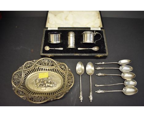 A cased silver three piece condiment set,&nbsp;by William Suckling, Birmingham 1960; together with a set of six silver apostl