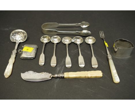 A quantity of silver items, to include a vesta case; five small ladles; and a mother of pearl handled sifter spoon.&nbsp;168g