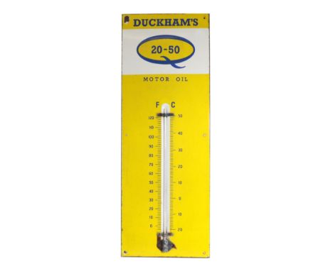 A Duckhams 20-50 Motor Oil Single-Sided Advertising Sign with Thermometer, with six drill holes, 92cm by 33cm See illustratio