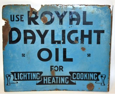 A Double-Sided Blue Enamel Advertising Sign, Use Royal Daylight Oil for Lighting, Heating, Cooking, with mounting flange, hea