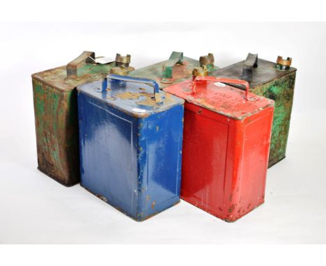 Five Vintage 2 Gallon Petrol Cans, comprising a green painted BP MOTORSPIRIT, green painted PRATTS, and a blue, red and green