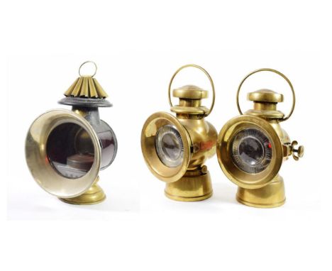A Pair of Jos Lucas Ltd King-of-the-Road 756 Brass Carbide Car Lamps, each with carrying handles, 4'' glass lenses with pivot