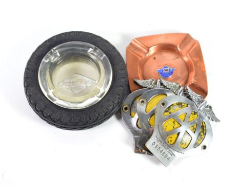 Goodyear Tyres: A Reception Desk Glass Ashtray, as a tyre, 14cm diameter; A Copper Desk Ashtray, from a Morris Motors dealers