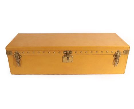 Louis Vuitton: A 1930's Yellow Leather and Brass Studded Car Trunk, with three brass clasps stamped Patent Louis Vuitton Made