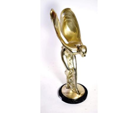 A Large Car Showroom Metal Model of Spirit of Ecstasy, her wings outstretched, standing on a circular base and mounted on a g