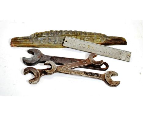A Quantity of Automobilia, to include a 1920/30 Thames, 40cm wide, a Thorneycroft pressed metal name plaque, 22.5cm wide, a B