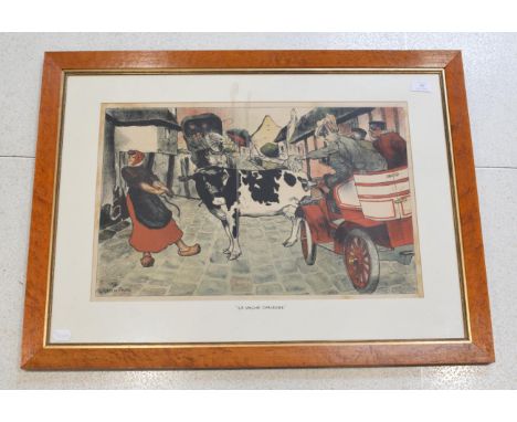 After L Lucian Faure ''La Vache Curieuse'', an Edwardian motor car and carriage blocked by a farm work and cow Colour lithogr