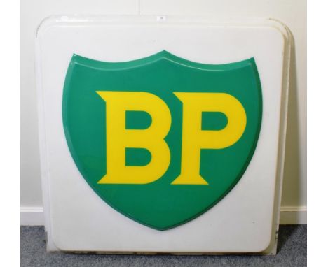 A BP Perspex Advertising Sign, with yellow BP lettering on a green shield and white background, 113.5cm by 114cm