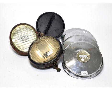 A Set of Four Vintage Chevrolet 10'' Chrome Hub Caps; A Pair of 1920/30s Master 8'' Lamps, one with mounting bracket; and A K