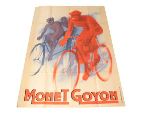 Two 1930's Monet Goyon Advertising Posters, depicting a male figure in red and two blue figures on a tandem bicycle, the corn