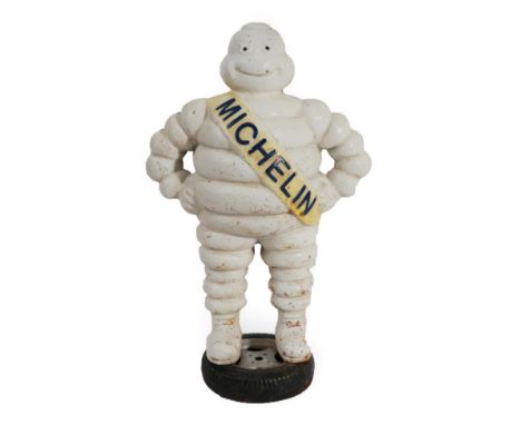 A Michelin Man White Painted Metal Advertising Figure, wearing a sash with blue lettering MICHELN, the verso Detroit Reg.1918