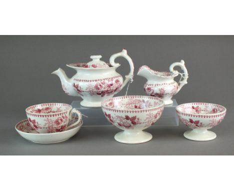 A Swansea earthenware toy tea service circa 1830/40 transfer-printed in red with a large main print of flowers and two exotic