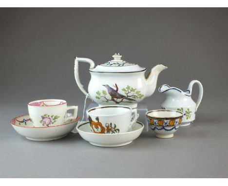 A small group of English earthenware toy wares circa 1810-30 comprising a teacup and saucer, painted with roses and other swi