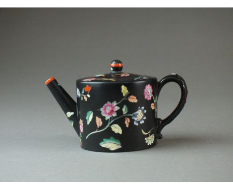 A miniature Davenport teapot and cover circa 1840-50 the cylindrical body with a cannon spout, enamelled in the chinoiserie s