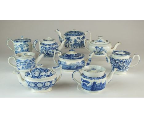 Nine assorted blue and white transfer-printed child's teapots and covers early-mid 19th century including a rare Leeds potter