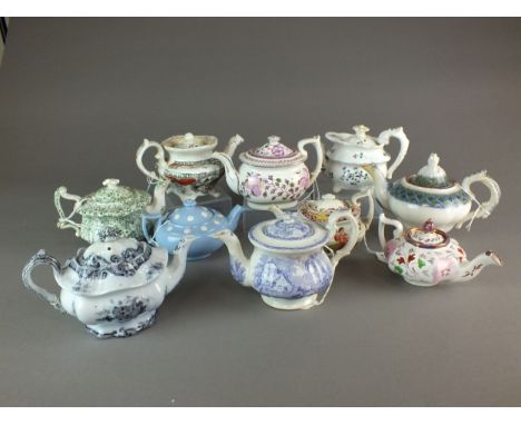 A collection of British pottery teawares, predominantly teapots including Davenport early-mid 19th century including a Davenp