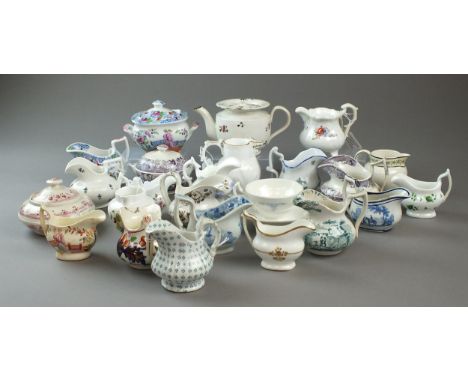 A small group of toy teawares, 19th century predominantly comprising cream jugs, examples both printed and painted, including