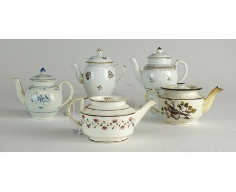 Five assorted earthenware and porcelain teapots and covers early 19th century including a teapot painted with a continuous ba