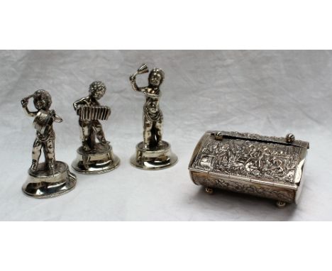 A continental white metal box of pointed oval form with a pair of hinged doors embossed with figures in a landscape, the base