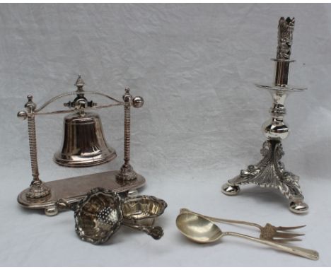 A white metal desk bell, together with a white metal table centrepiece silver toasting fork, spoon and tea strainer