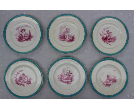 A set of six Minton dessert plates in the Sevres style decorated with cherubs in various landscape settings, riding a goat, c