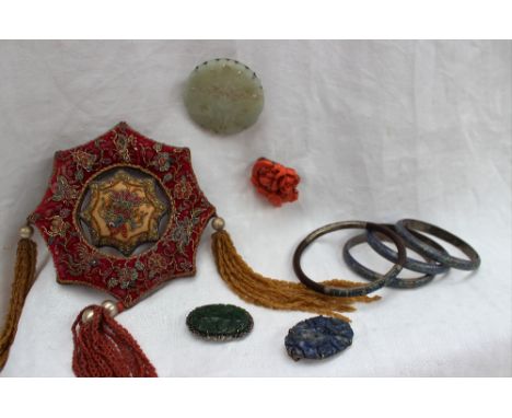 A set of three champleve enamel bangles together with another bangle, a jade brooch, coral brooch, other brooches and a beadw