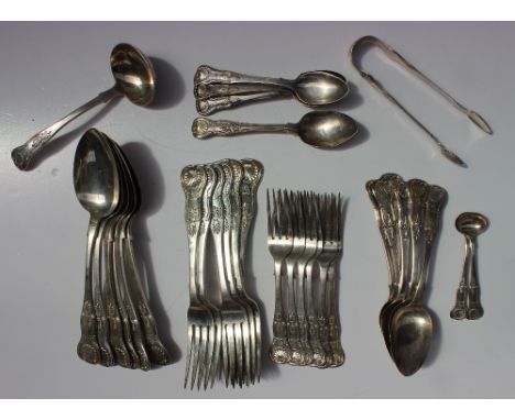 A Victorian Scottish silver Kings pattern part flatware service, Edinburgh, various dates 1855 - 1858, "R.G.", comprising  si