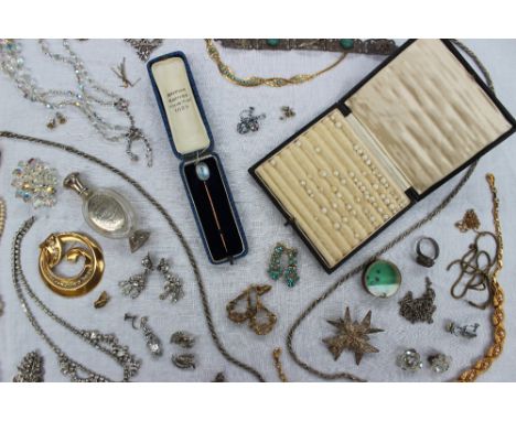 A moonstone stick pin, to a yellow metal setting, together with loose pearls, silver propelling pencil, loose stones, costume