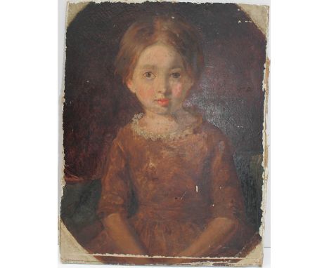 19th century British SchoolA head and shoulders portrait of a young girlOil on board19.5 x 15cm CONDITION REPORT: Paint loss,