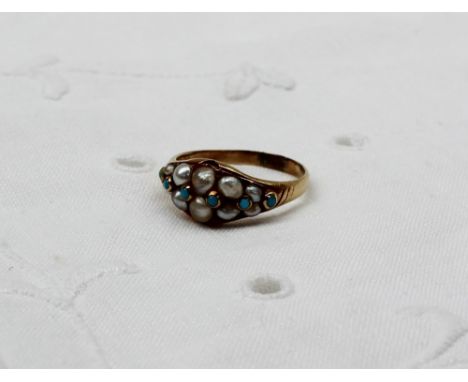 A Victorian pearl and turquoise ring, of pointed oval form, to a yellow metal setting and shank, inscribed to the inside "Luc