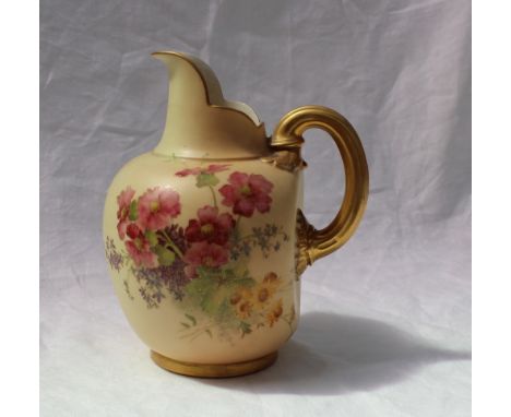 A Royal Worcester flat back jug, decorated with flower heads and leaves to an ivory ground, Puce mark and date code for 1898,
