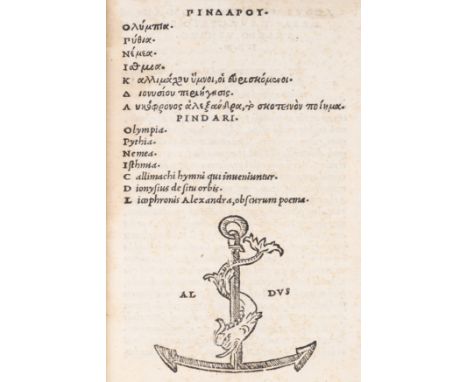 Pindar. [Odes]. Olympia. Pythia. Nemea. Isthmia. Kallimachou hymnoi, edited by Aldus Manutius, collation: *8 1-238 244, dedic