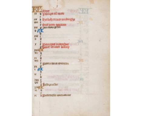 Calendar from a Book of Hours, Use of Utrecht, manuscript in Latin, on vellum, 5 leaves only from a larger work (lacks March/