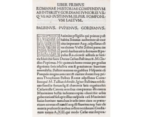 Laetus (Julius Pomponius) Romanae historiae compendiumab interitu Gordiani Iunioris usque ad Iusti num. III, collation: a-p4,
