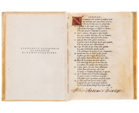Alighieri (Dante) Le Terze Rime, [edited by Pietro Bembo], collation: a-z8 A-G8 H4, italic type, l2 blank, woodcut printer's 