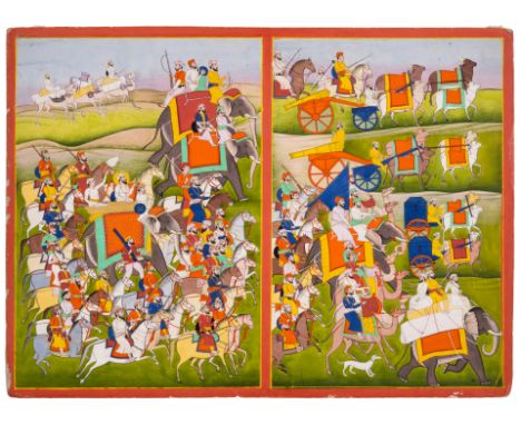 India.- Army Marching to Battle, 2 panels, opaque pigments on card, heightened in gold, 412 x 300 mm, minor handling creases,