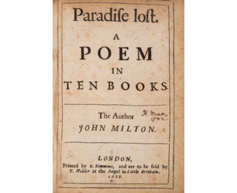 Milton (John) Paradise Lost. A Poem in Ten Books, first edition, title in Pforzheimer's fifth state ('Angel' in imprint in ro
