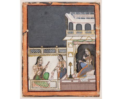 India.- Ladies on a terrace at night, playing music, smoking, and feeding a bird, opaque pigment on card, heightened with gol