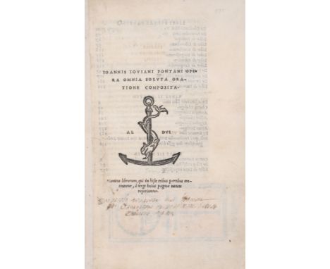 Pontanus (Johannes Jovianus) Opera Omnia, edited by Franciscus Asulanus, 3 vol., collation: *4 a-z aa-ss8 : A-Z AA-QQ8 RR6 : 