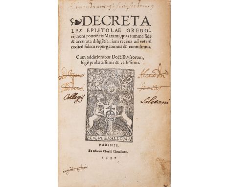 Gregorius IX, Pope. Decretales epistolae, collation: A-B8 C4, a-z8 A-S8 T4, title with woodcut criblé printer's device, attra