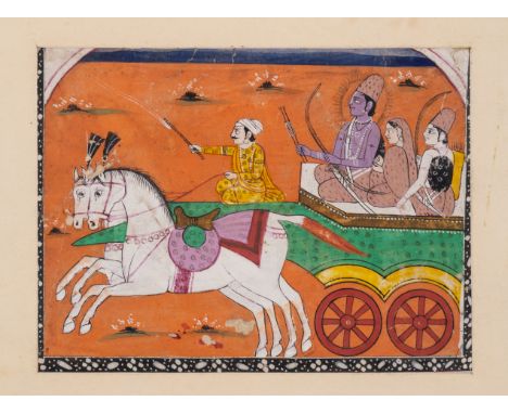 India.- Painting of Chariot, opaque pigment on verso of a Qajar Qur’an, Bifolium, 191 x 234 mm, laid onto window mount, minor
