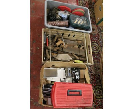 Three boxes of assorted tools and electrical fittings etc.