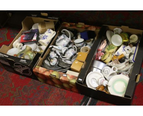 Three boxes of miscellaneous ceramics to include Japanese teawares, ornaments, Poole planters, etc.