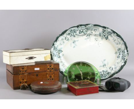 A Smiths Art Deco electric mantel clock and a Victorian work box along with a pocket knife and other collectables.