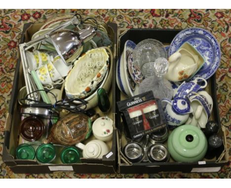 Two boxes of miscellaneous ceramics and glass to include Sylvac pebble vase, Woods cottageware teapot, Guinness advertising w